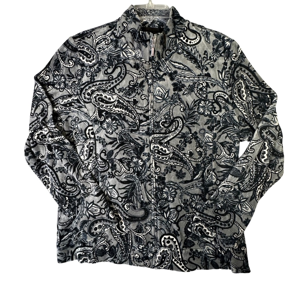 Charter Club Relaxed Paisley Zip‎ Up Jacket Grey Boho Mock Neck XL Grannycore